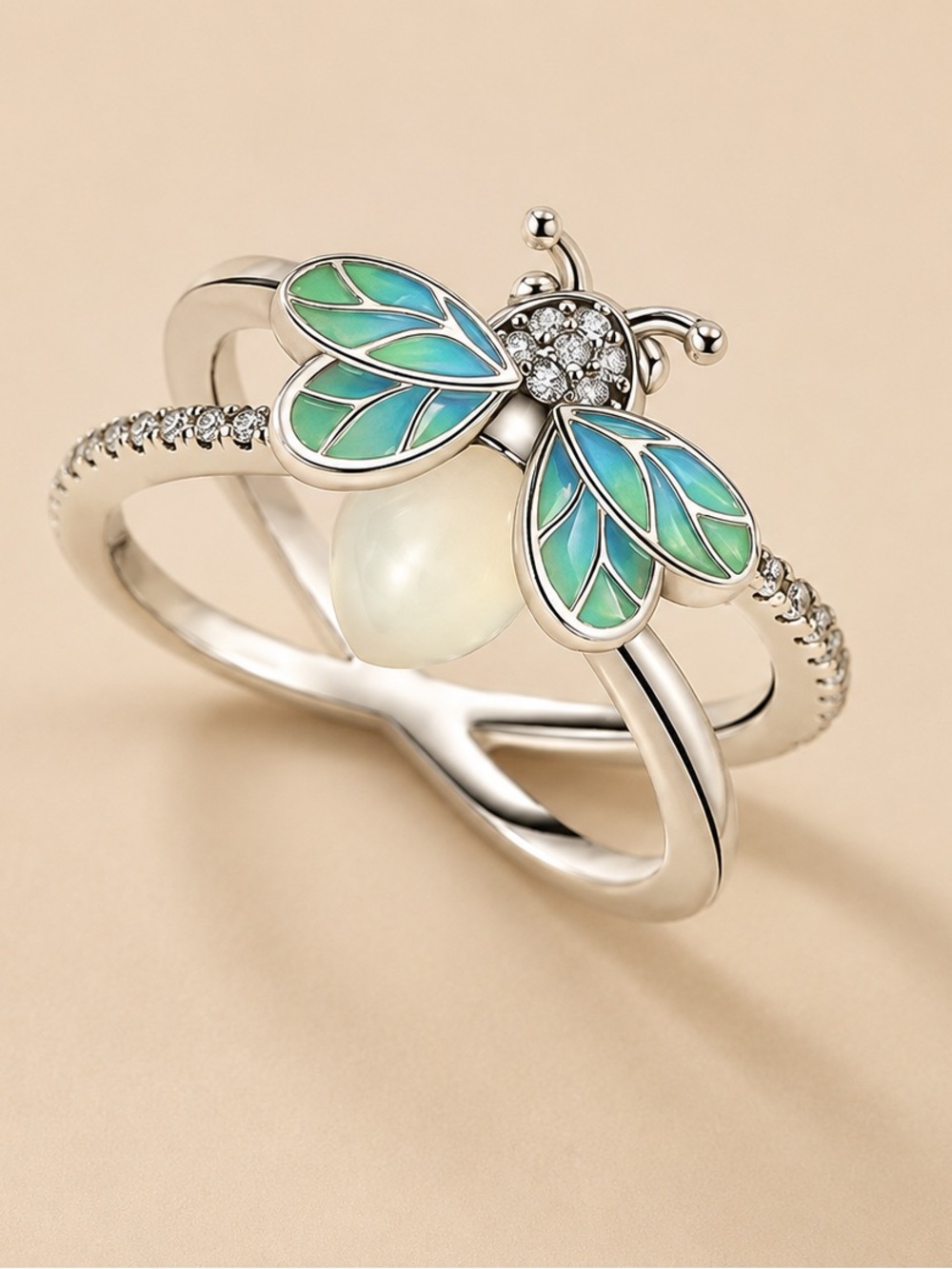 Silver Bee Pearl Ring with Blue-Green Enamel Wings